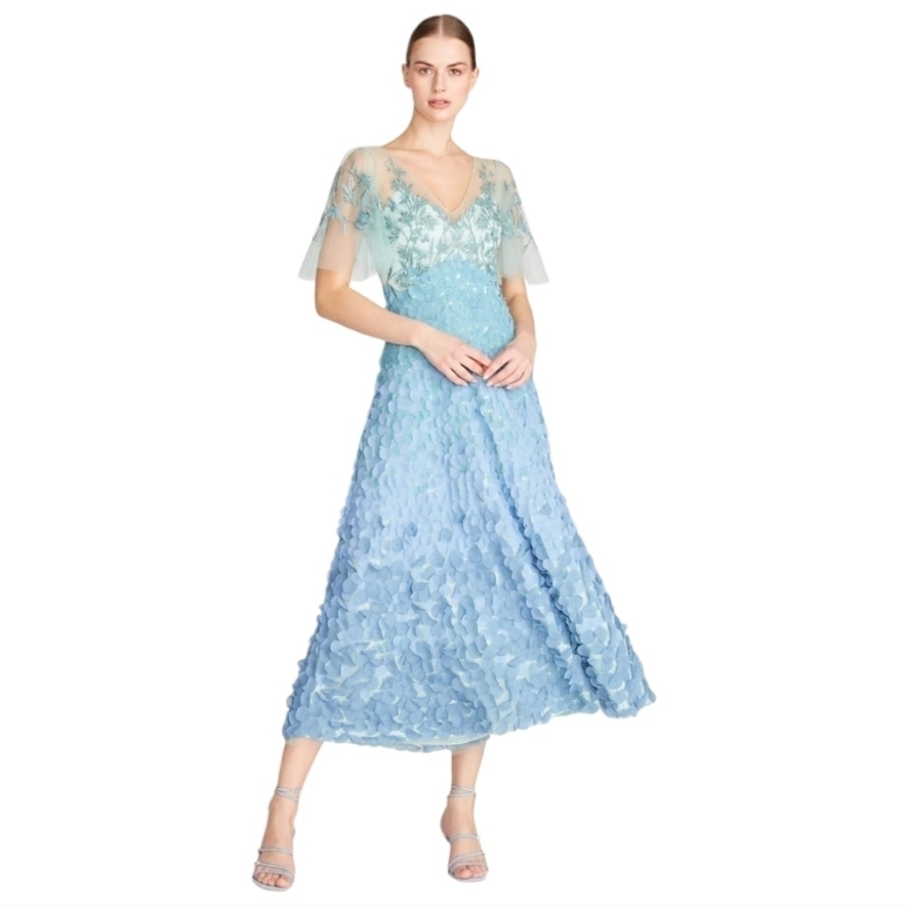 Theia NWT $1449 Odette Ombré Petal Dress Gown in Jade Blue Green Teal size 6